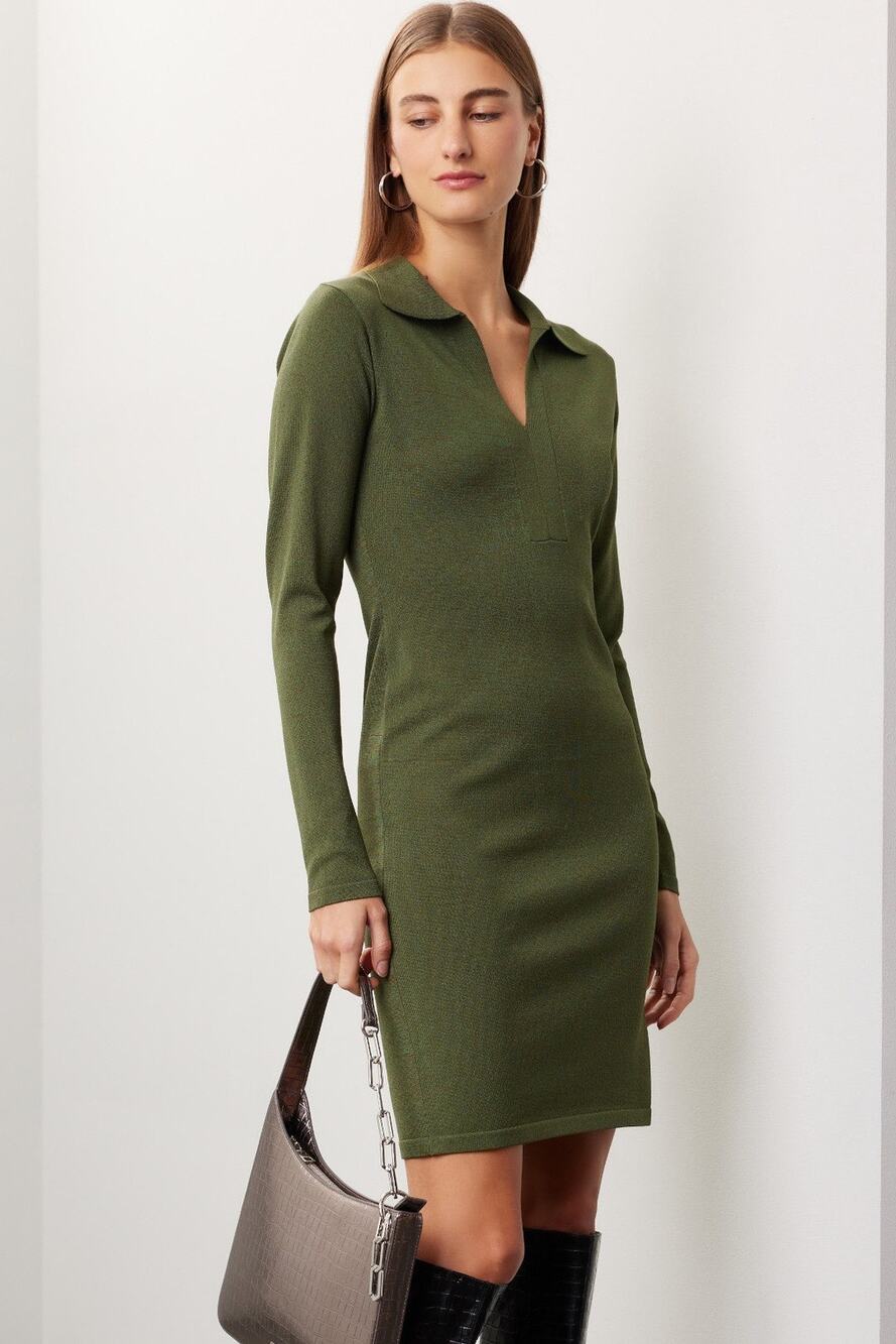 Ronny Kobo Sz XS Green Long Sleeve Polo Collar Sweater Mini Dress v-neck solid